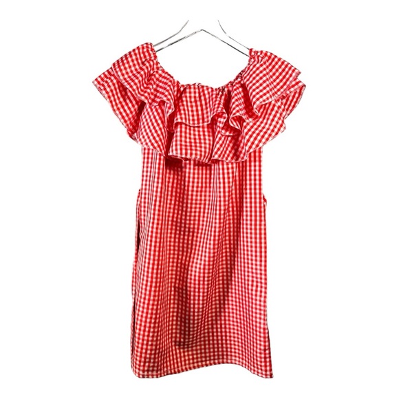 Italia Moda Gingham Ruffle Off Shoulder Dress Red White Size L - Picture 2 of 10